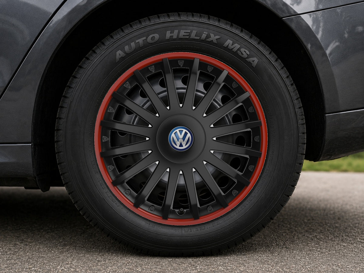 Set 4 capace roti 15 inchi (R15) compatibile VOLKSWAGEN, Model Kristal Negru-Rosu