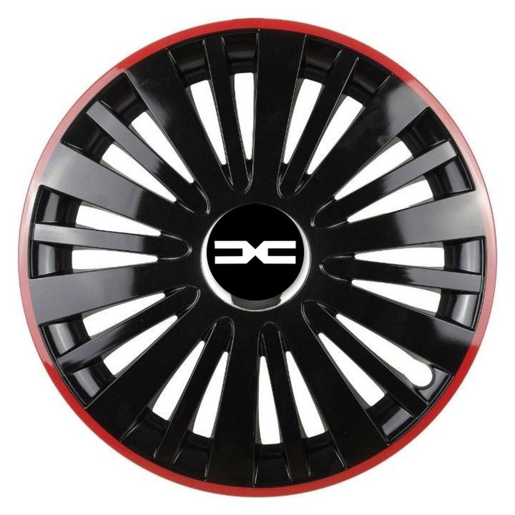 Set 4 capace roti Red/Black cu inel cromat R15 Compatibil Cu Dacia Nou