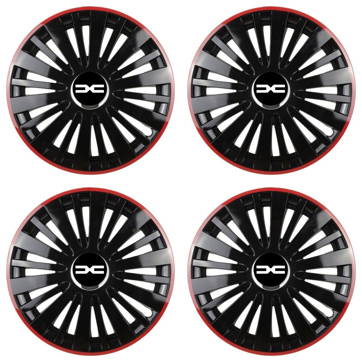 Set 4 capace roti Red/Black cu inel cromat R15 Compatibil Cu Dacia Nou