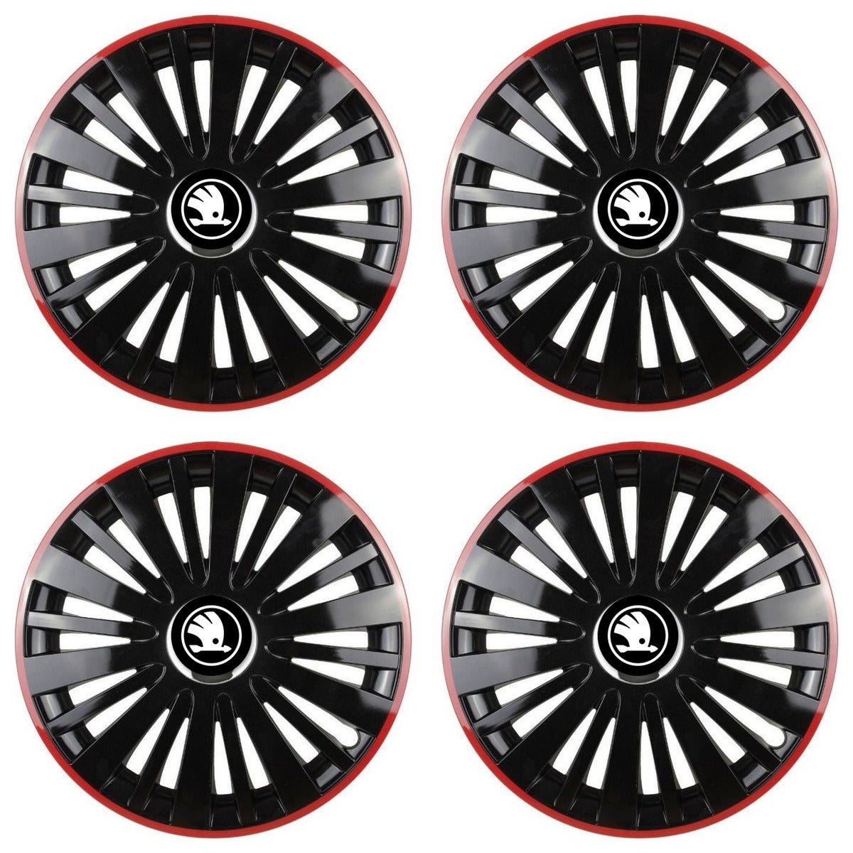Set 4 capace roti Red/Black cu inel cromat R16 Compatibil Cu Skoda Nou