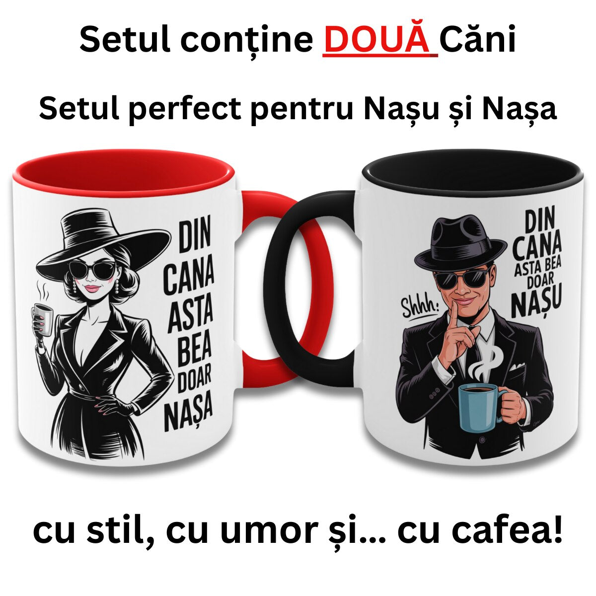 Set 2 cani haioase pentru Nas si Nasa, cu ilustratie „Din cana asta bea doar Nasu/Nasa”, interior rosu si negru, cadou personalizat nunta si botez, ceramica 330ml