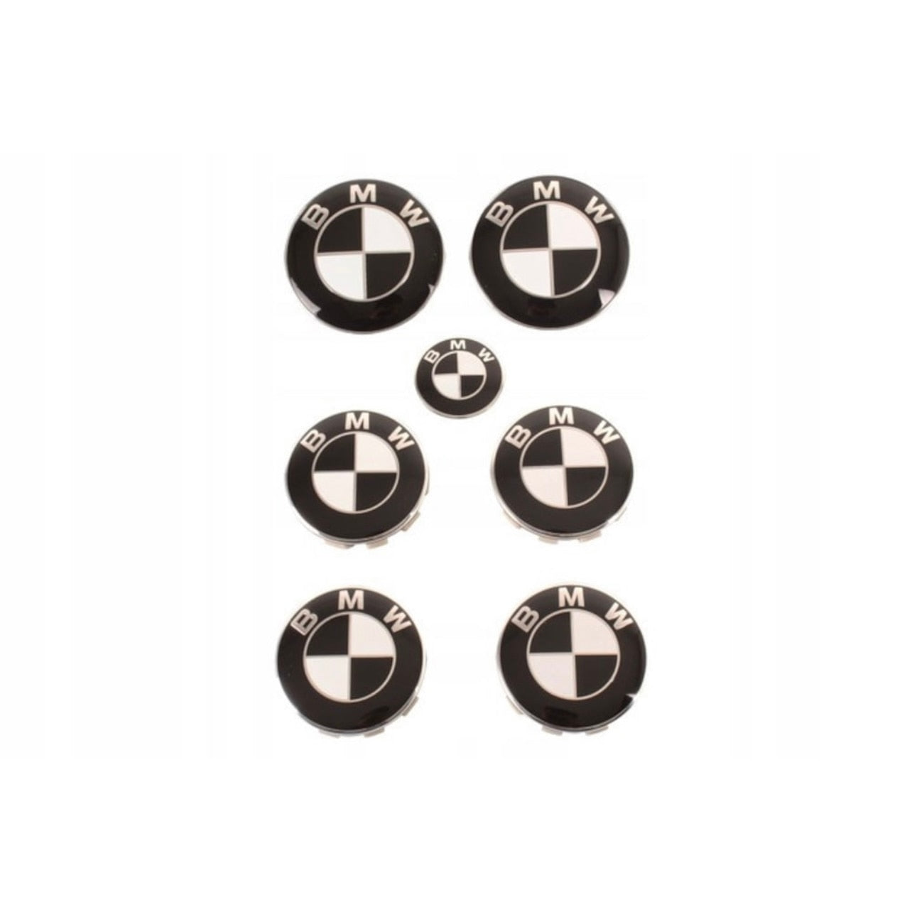 Set 7 embleme Bmw, alb-negru capota 82mm, portbagaj 74mm, capace jante 68mm, sigla volan 44mm