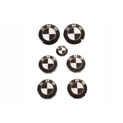 Set 7 embleme Bmw, alb-negru capota 82mm, portbagaj 74mm, capace jante 68mm, sigla volan 44mm