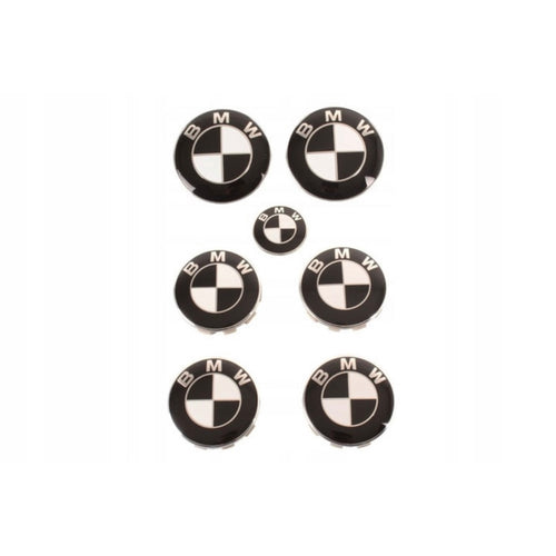 Set 7 embleme Bmw, alb-negru capota 82mm, portbagaj 74mm, capace jante 68mm, sigla volan 44mm