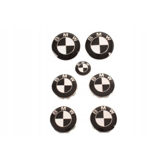 Set 7 embleme Bmw, alb-negru capota 82mm, portbagaj 74mm, capace jante 68mm, sigla volan 44mm