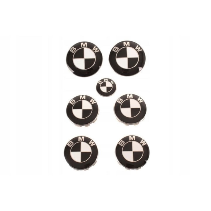 Set 7 embleme Bmw, alb-negru capota 82mm, portbagaj 74mm, capace jante 68mm, sigla volan 44mm