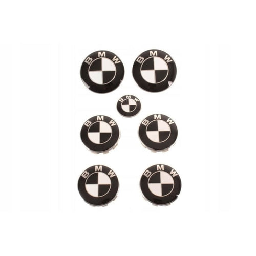 Set 7 embleme Bmw, alb-negru capota 82mm, portbagaj 74mm, capace jante 68mm, sigla volan 44mm