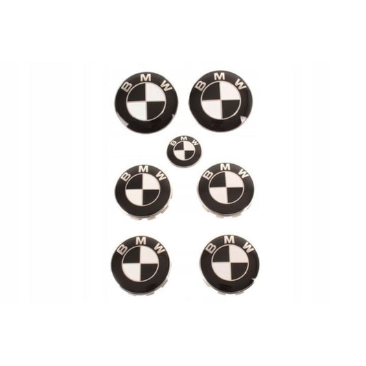 Set 7 embleme Bmw, alb-negru capota 82mm, portbagaj 74mm, capace jante 68mm, sigla volan 44mm