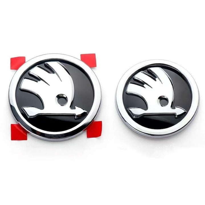 Set 2 embleme capota 90mm si portbagaj 80 mm, pentru Skoda Octavia Superb Fabia Rapid Kodiaq, negru/crom