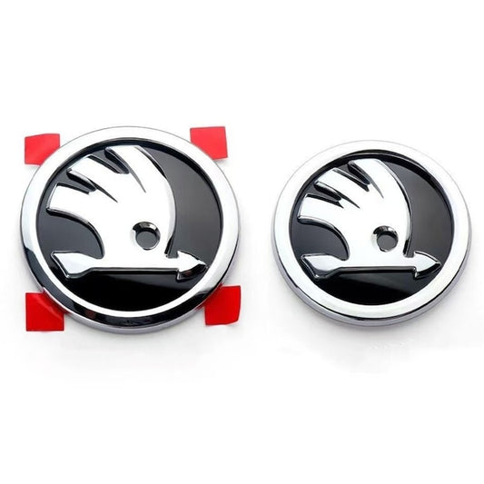 Set 2 embleme capota 90mm si portbagaj 80 mm, pentru Skoda Octavia Superb Fabia Rapid Kodiaq, negru/crom