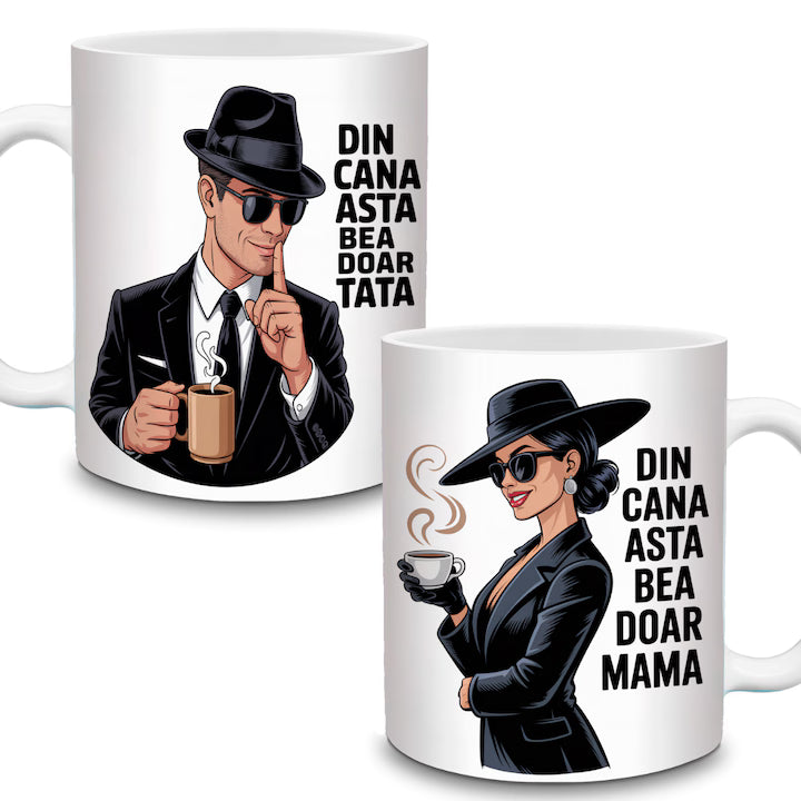 Set 2 cani pentru Mama si Tata „Din cana asta bea doar mama / Din cana asta bea doar tata” – cana cu mesaj pentru parinti – cana amuzanta din ceramica alba 330 ml