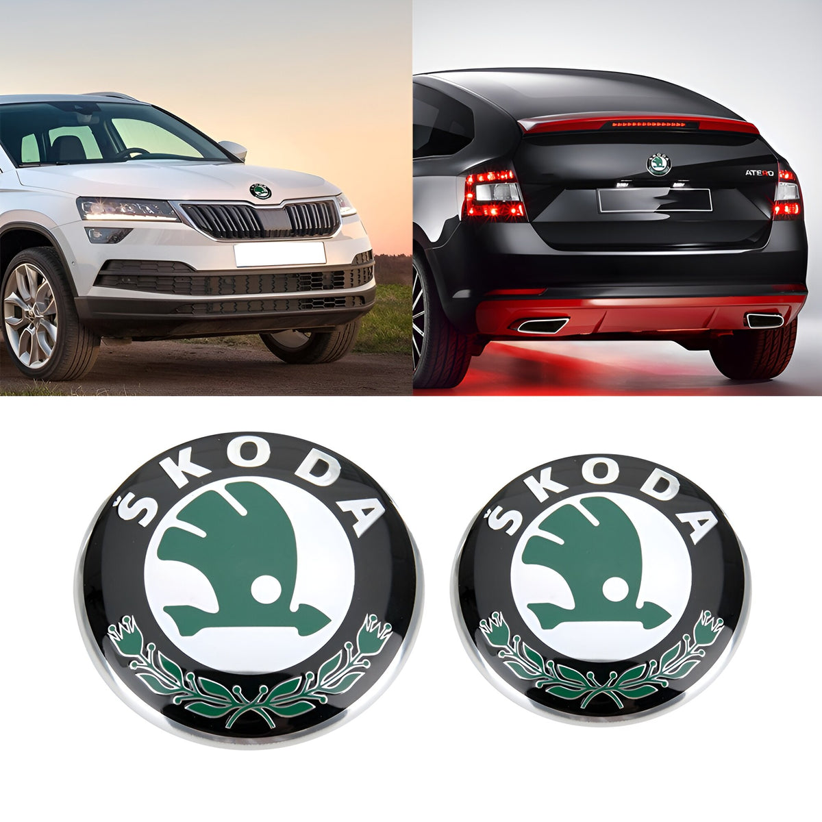Set embleme Skoda, 90mm fata si 80mm spate, glossy, verde inchis