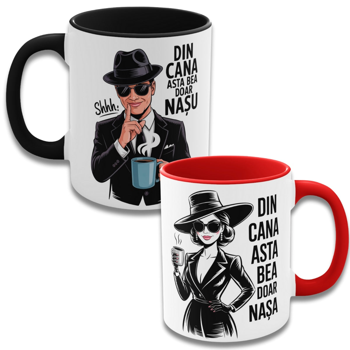 Set 2 cani haioase pentru Nas si Nasa, cu ilustratie „Din cana asta bea doar Nasu/Nasa”, interior rosu si negru, cadou personalizat nunta si botez, ceramica 330ml
