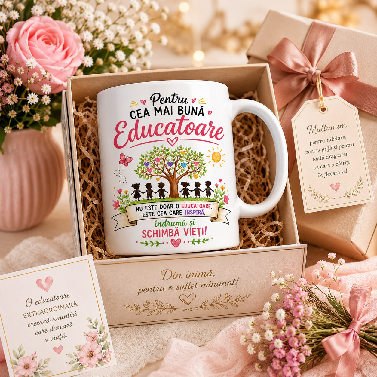 Cana Personalizată pentru Educatoare – „Pentru Cea Mai Bună Educatoare” – Cadou Grădiniță, Ceramică 330 ml. Albă