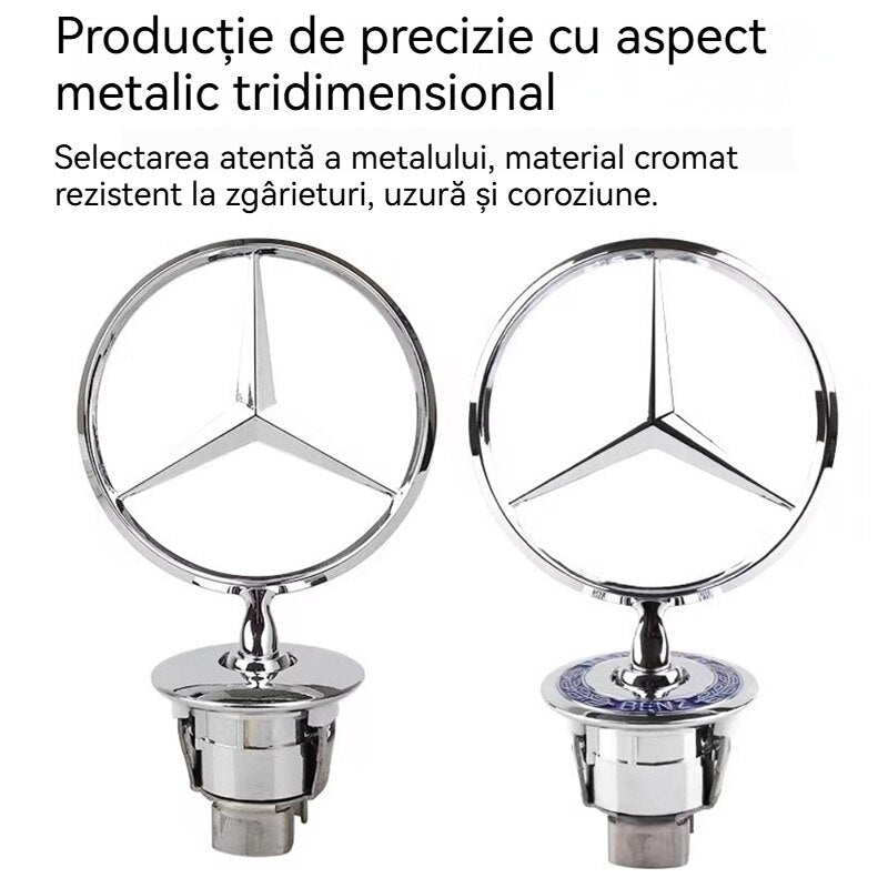 Insigna capota fata Mercedes-Benz Clasa C/E/S, sigla Mercedes-Benz [spic de grau albastru], C200 E300L E260L, S450, Fudisenn, insigna, stea, argintiu