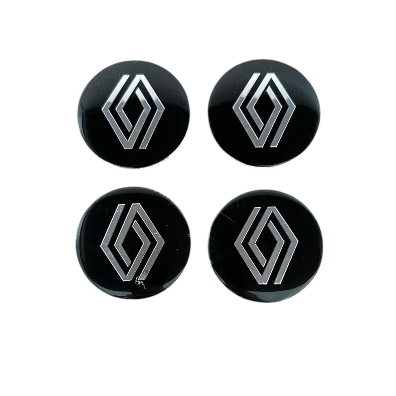Set 4 embleme stickere Compatibile cu Renault model nou din tabla (aluminiu), Maf, autoadezive, 56mm, pentru capace roti, Negru