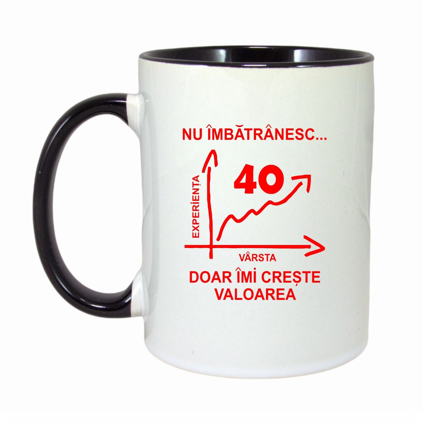 Cana personalizata cu interior negru, "Nu imbatranesc doar imi creste valoarea, 40 ani", 330ml