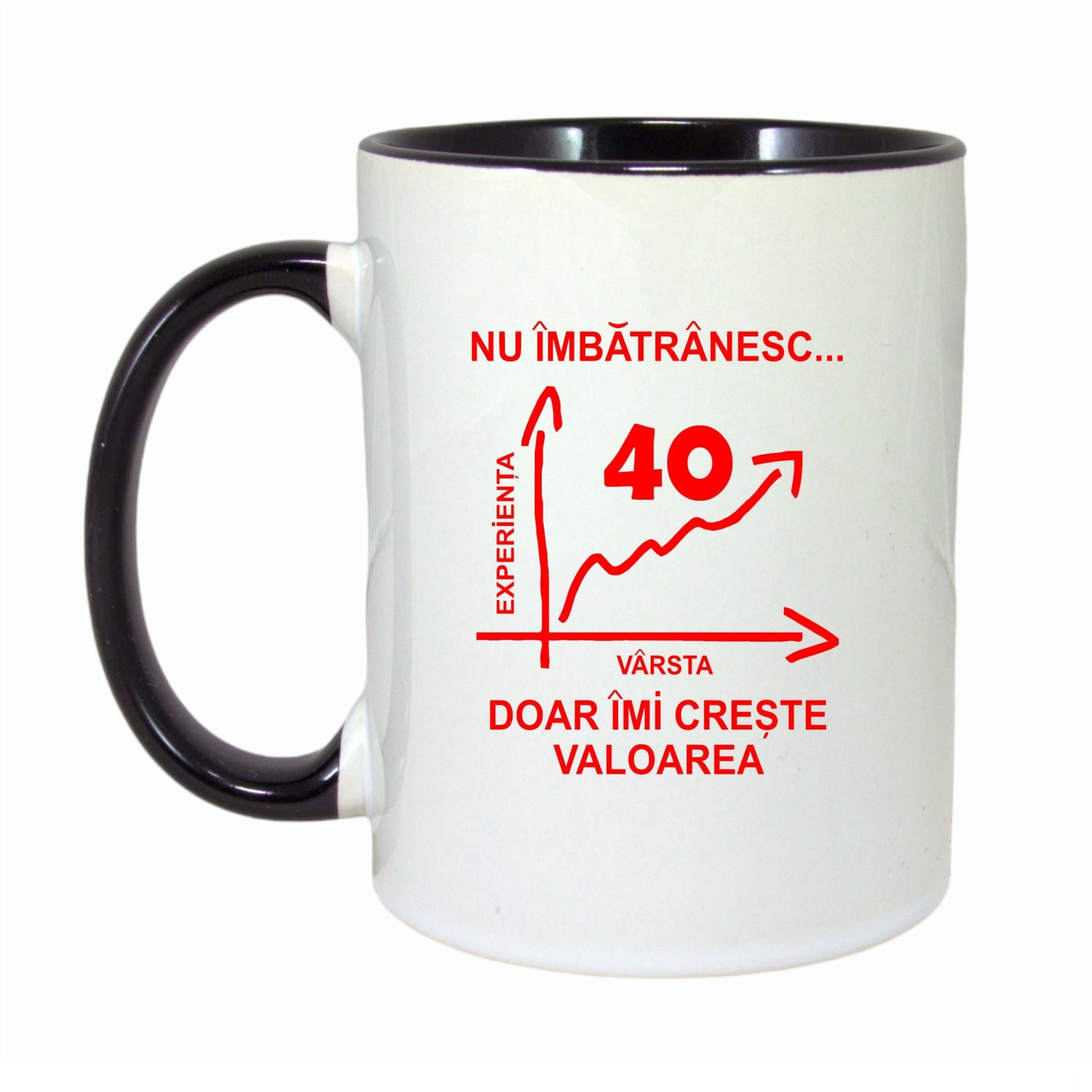 Cana personalizata cu interior negru, "Nu imbatranesc doar imi creste valoarea, 40 ani", 330ml