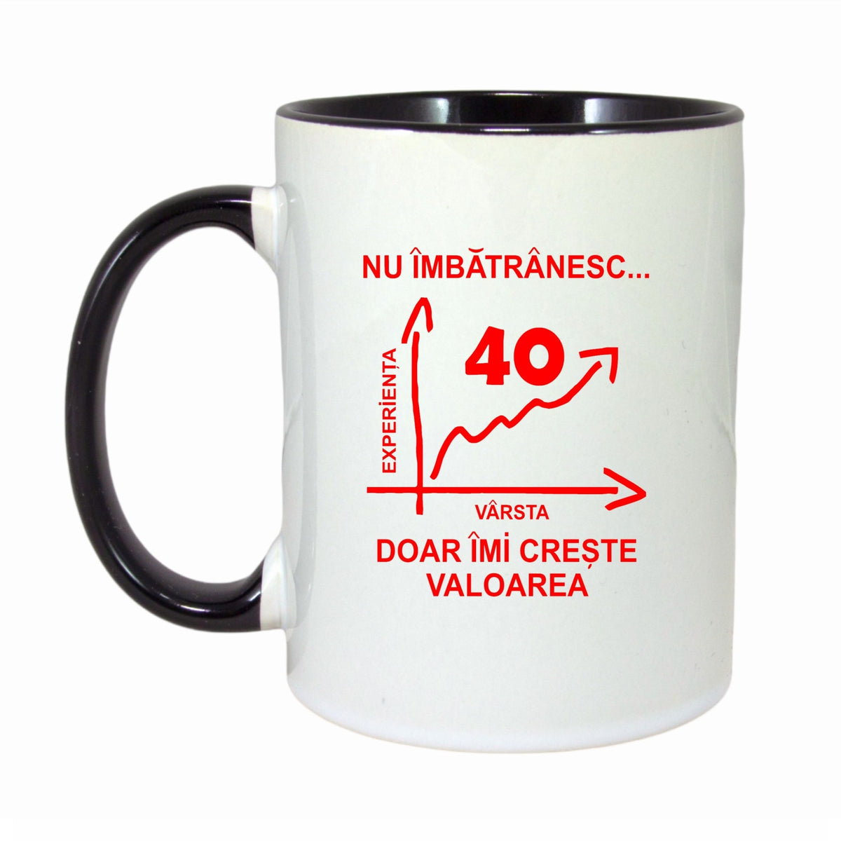 Cana personalizata cu interior negru, "Nu imbatranesc doar imi creste valoarea, 40 ani", 330ml