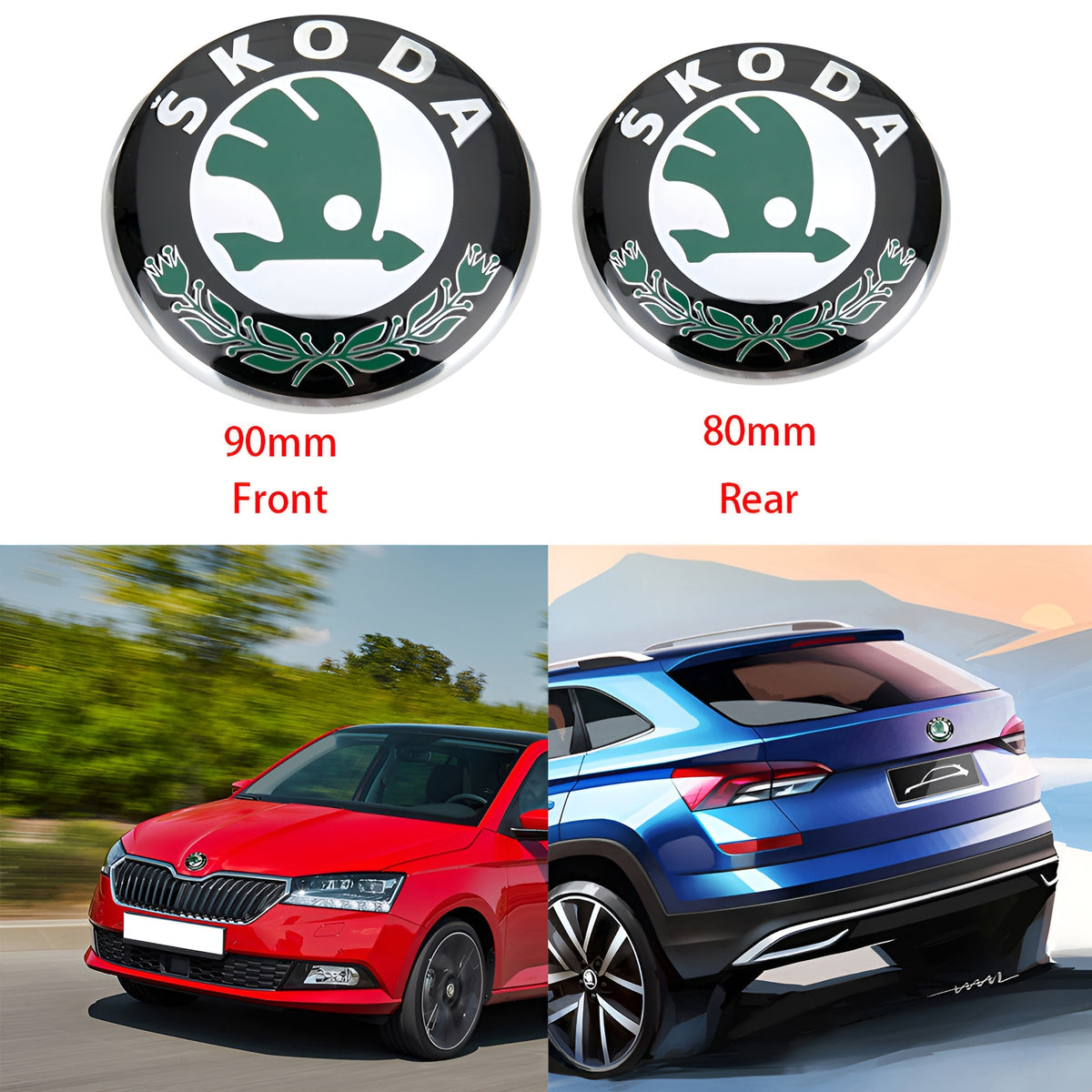 Set embleme Skoda, 90mm fata si 80mm spate, glossy, verde inchis