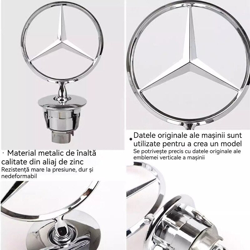 Insigna capota fata Mercedes-Benz Clasa C/E/S, sigla Mercedes-Benz [spic de grau albastru], C200 E300L E260L, S450, Fudisenn, insigna, stea, argintiu
