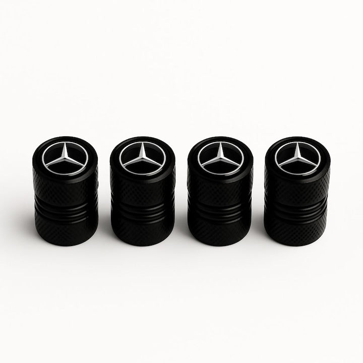 Set 4 Capace Ventil Auto Mercedes, Aluminiu Negru, Logo Oficial