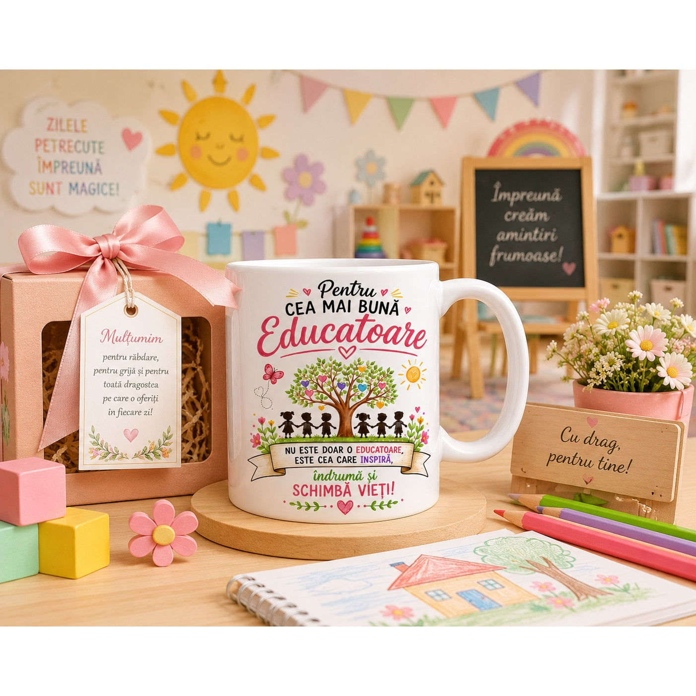 Cana Personalizată pentru Educatoare – „Pentru Cea Mai Bună Educatoare” – Cadou Grădiniță, Ceramică 330 ml. Albă