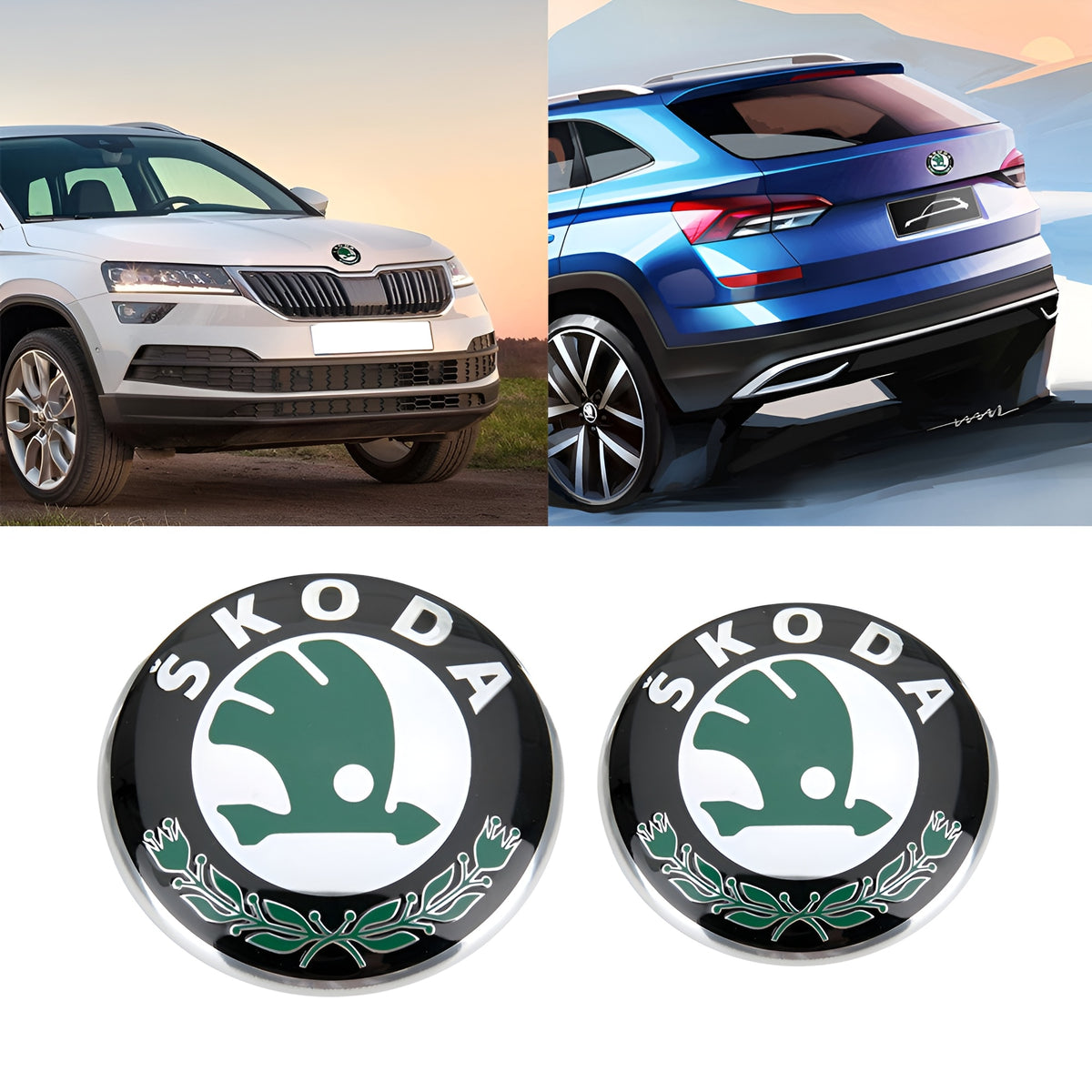Set embleme Skoda, 90mm fata si 80mm spate, glossy, verde inchis
