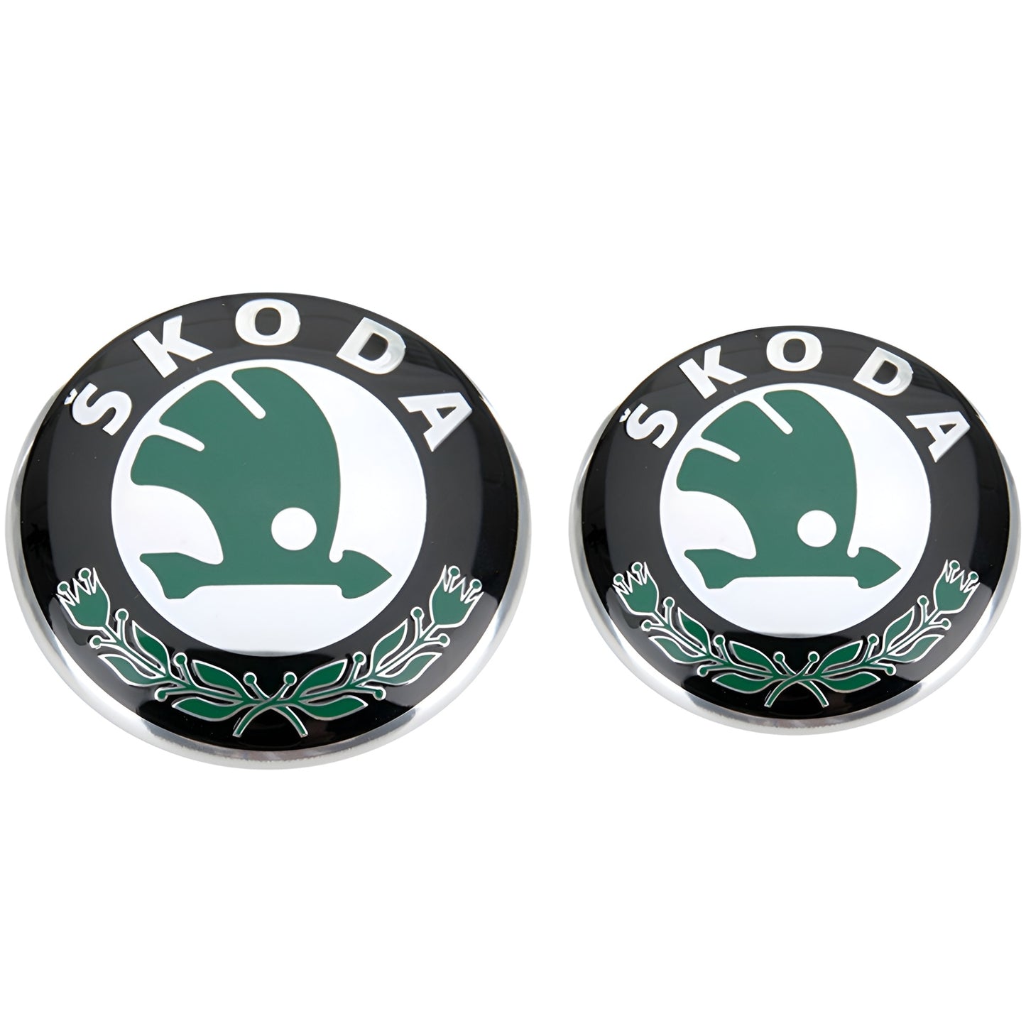 Set embleme Skoda, 90mm fata si 80mm spate, glossy, verde inchis
