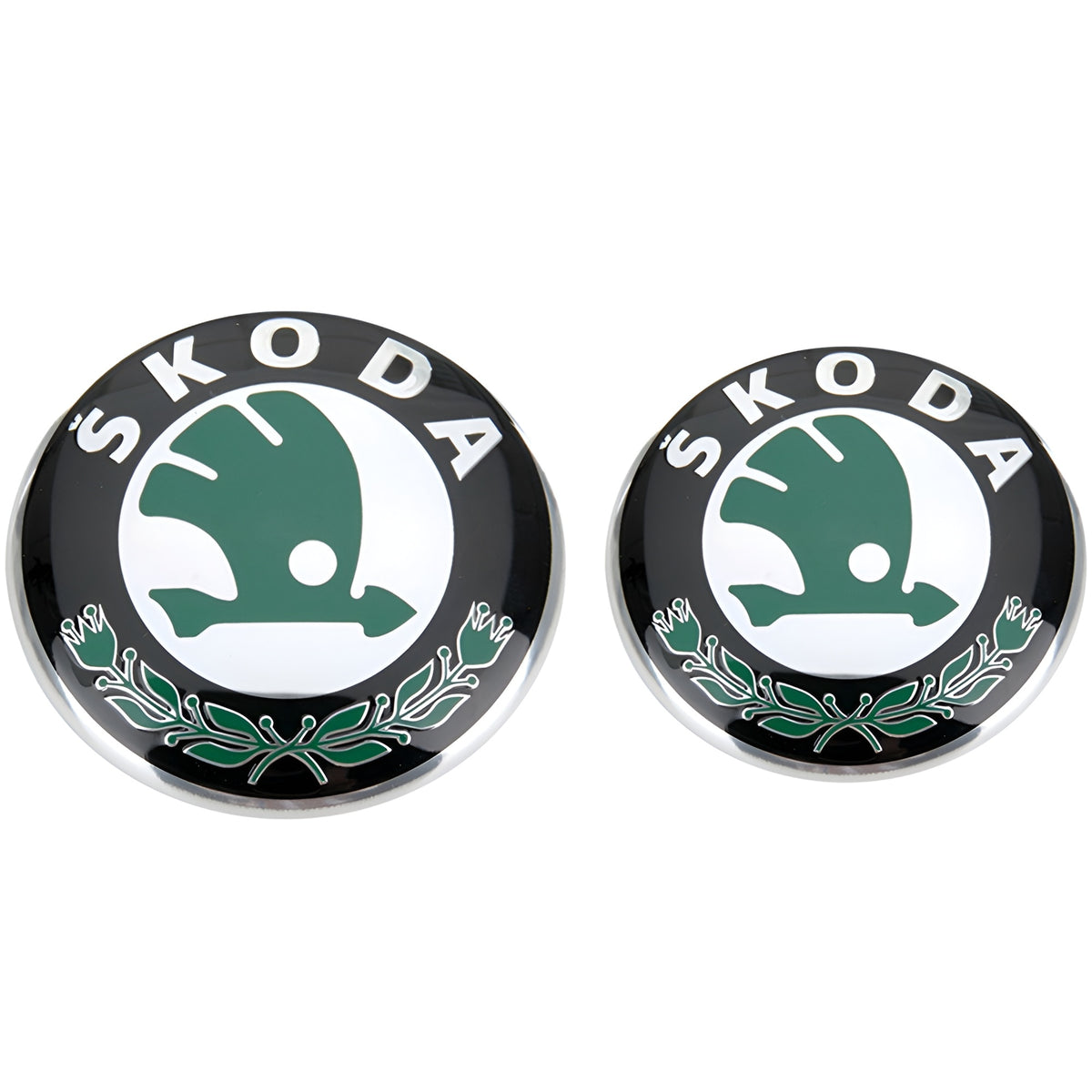 Set embleme Skoda, 90mm fata si 80mm spate, glossy, verde inchis