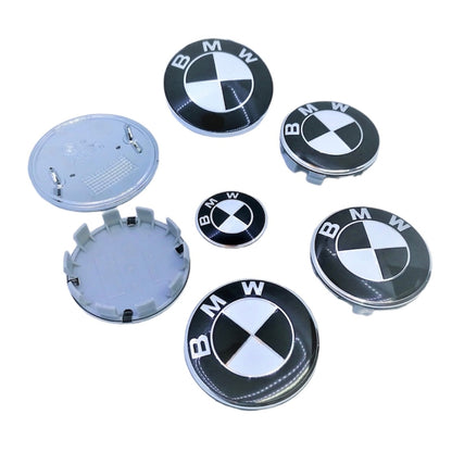 Set 7 embleme Bmw, alb-negru capota 82mm, portbagaj 74mm, capace jante 68mm, sigla volan 44mm