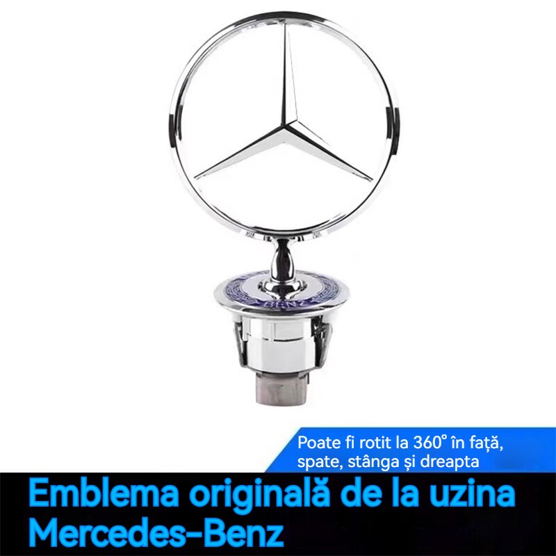 Insigna capota fata Mercedes-Benz Clasa C/E/S, sigla Mercedes-Benz [spic de grau albastru], C200 E300L E260L, S450, Fudisenn, insigna, stea, argintiu