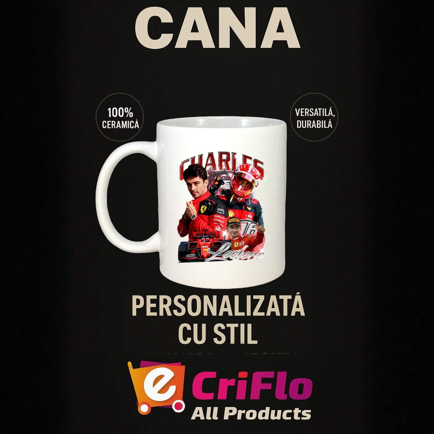 Cană portret Charles Leclerc Formula 1 costum Ferrari, Cri-Flo, Ceramică, 330 ml, Culoare Alb