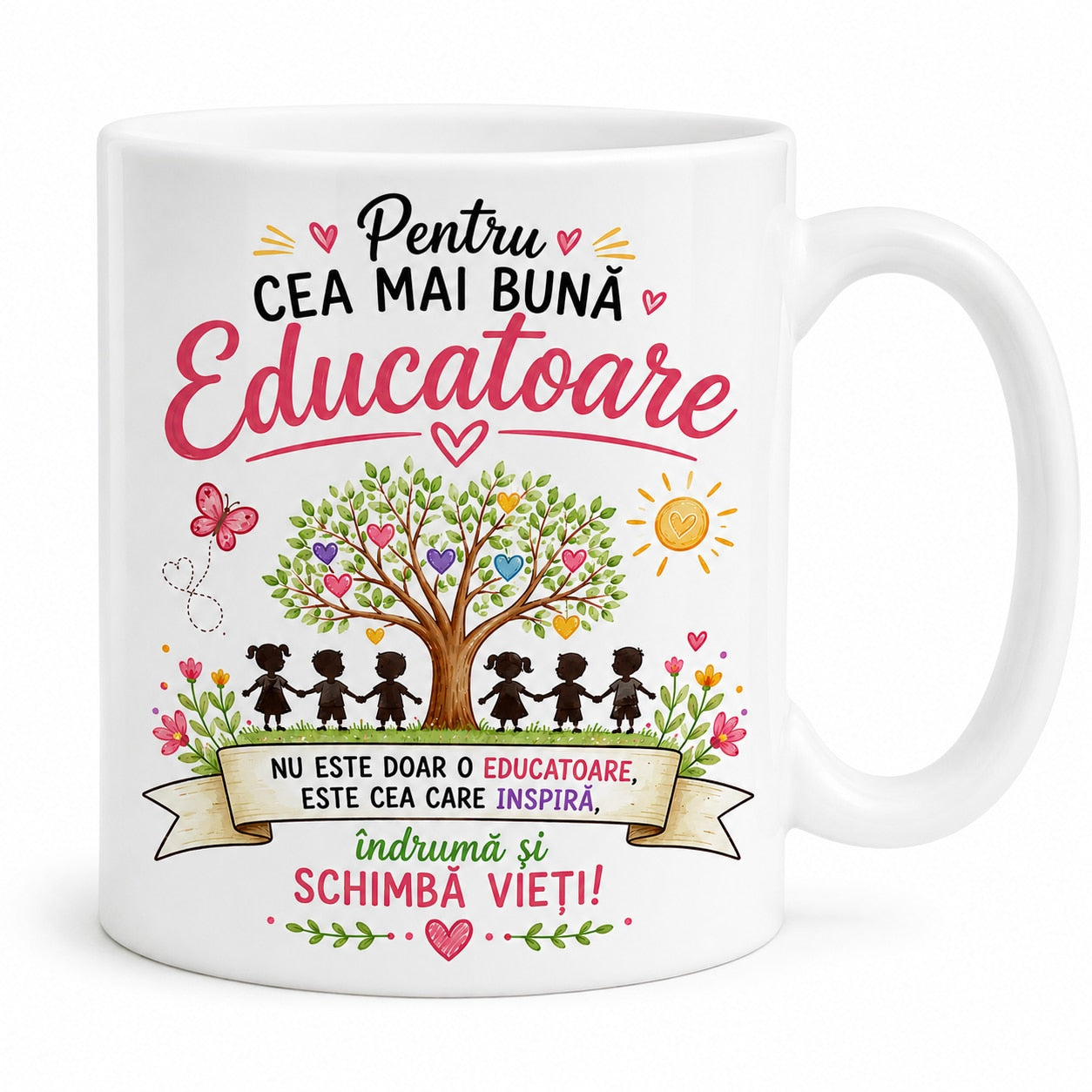Cana Personalizată pentru Educatoare – „Pentru Cea Mai Bună Educatoare” – Cadou Grădiniță, Ceramică 330 ml. Albă