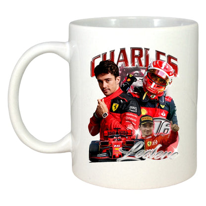 Cană portret Charles Leclerc Formula 1 costum Ferrari, Cri-Flo, Ceramică, 330 ml, Culoare Alb