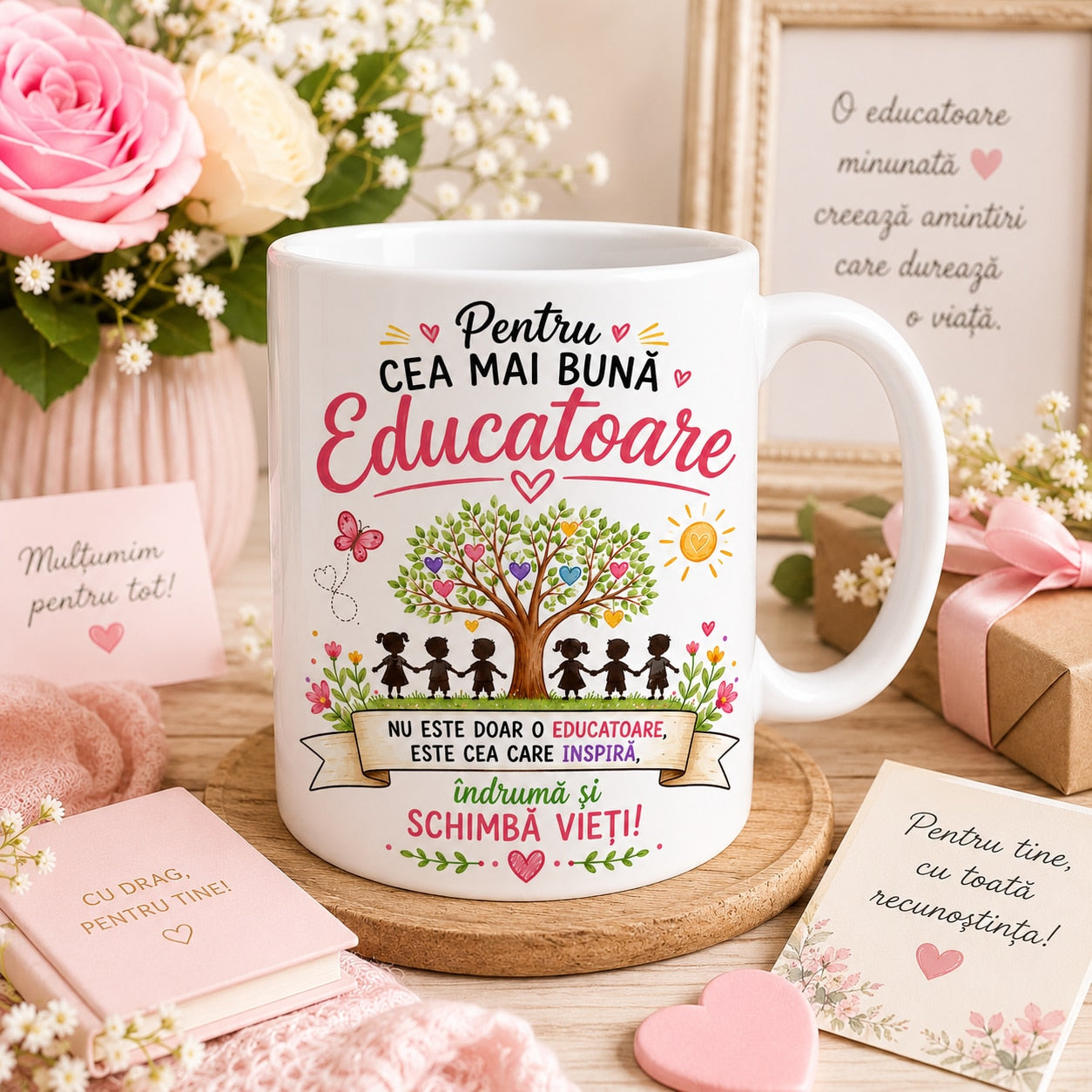 Cana Personalizată pentru Educatoare – „Pentru Cea Mai Bună Educatoare” – Cadou Grădiniță, Ceramică 330 ml. Albă