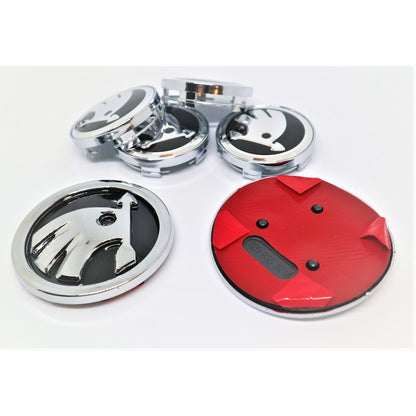 Set embleme sigle Skoda, 6 piese, negru - argintiu, capace jante 60 mm, sigla capota 90 mm, sigla portbagaj 80 mm