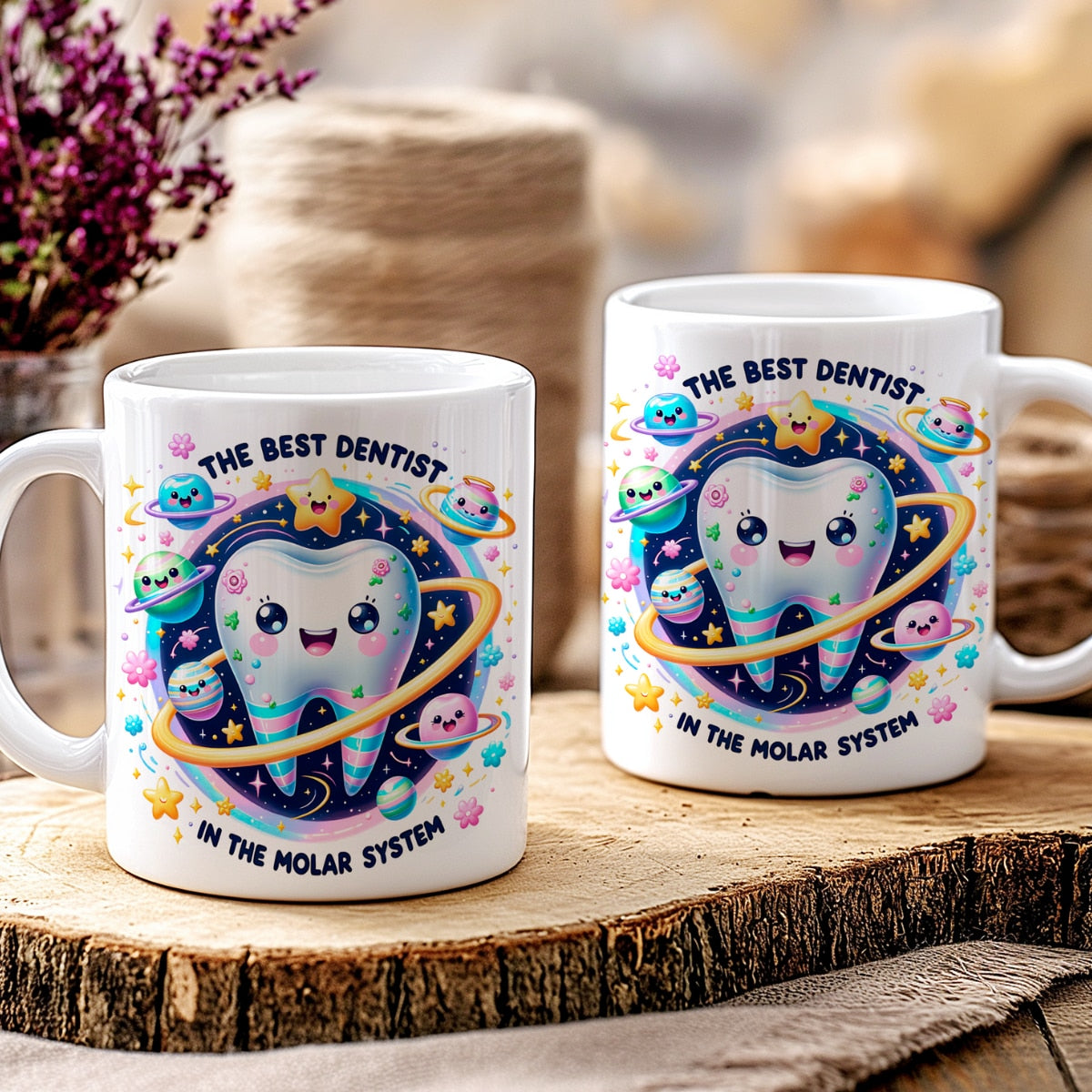 Cană cadou dentist - cel mai bun dentist din sistemul molar, cană ceramică albă 330ml, mesaj amuzant pentru stomatologi, design colorat cu univers și dințișori