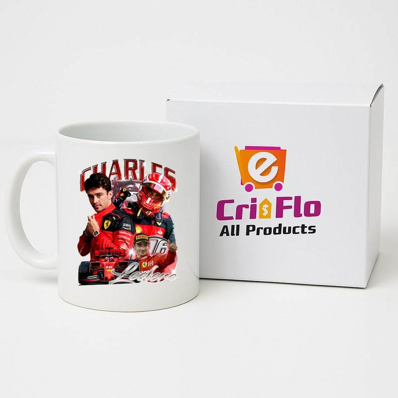 Cană portret Charles Leclerc Formula 1 costum Ferrari, Cri-Flo, Ceramică, 330 ml, Culoare Alb