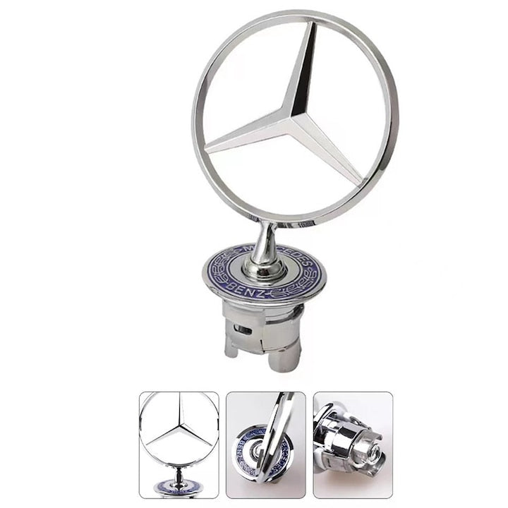 Insigna capota fata Mercedes-Benz Clasa C/E/S, sigla Mercedes-Benz [spic de grau albastru], C200 E300L E260L, S450, Fudisenn, insigna, stea, argintiu
