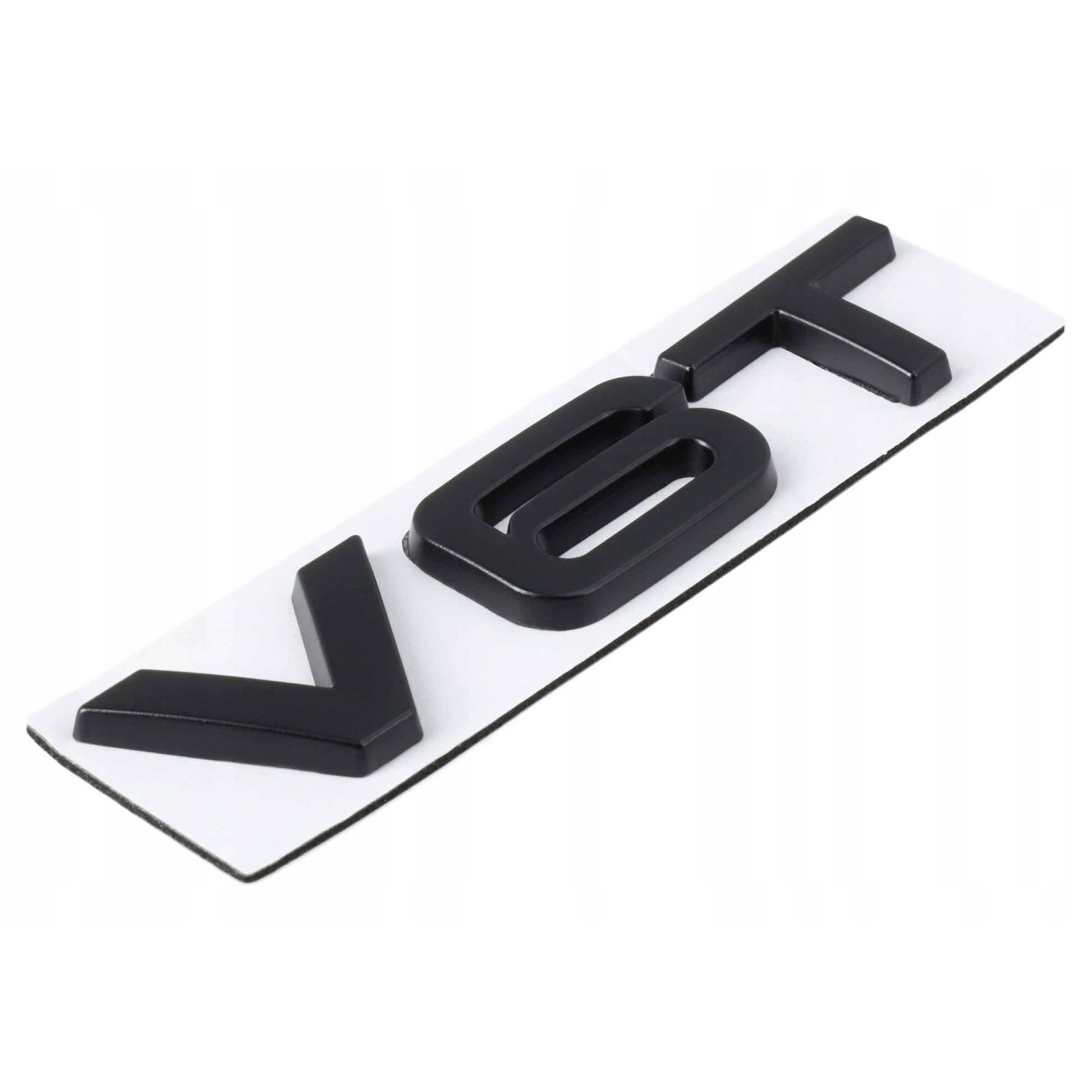 Emblema auto Audi V6T, 8,6x1,9 cm, neagra, din plastic, montare cu banda dublu adeziva