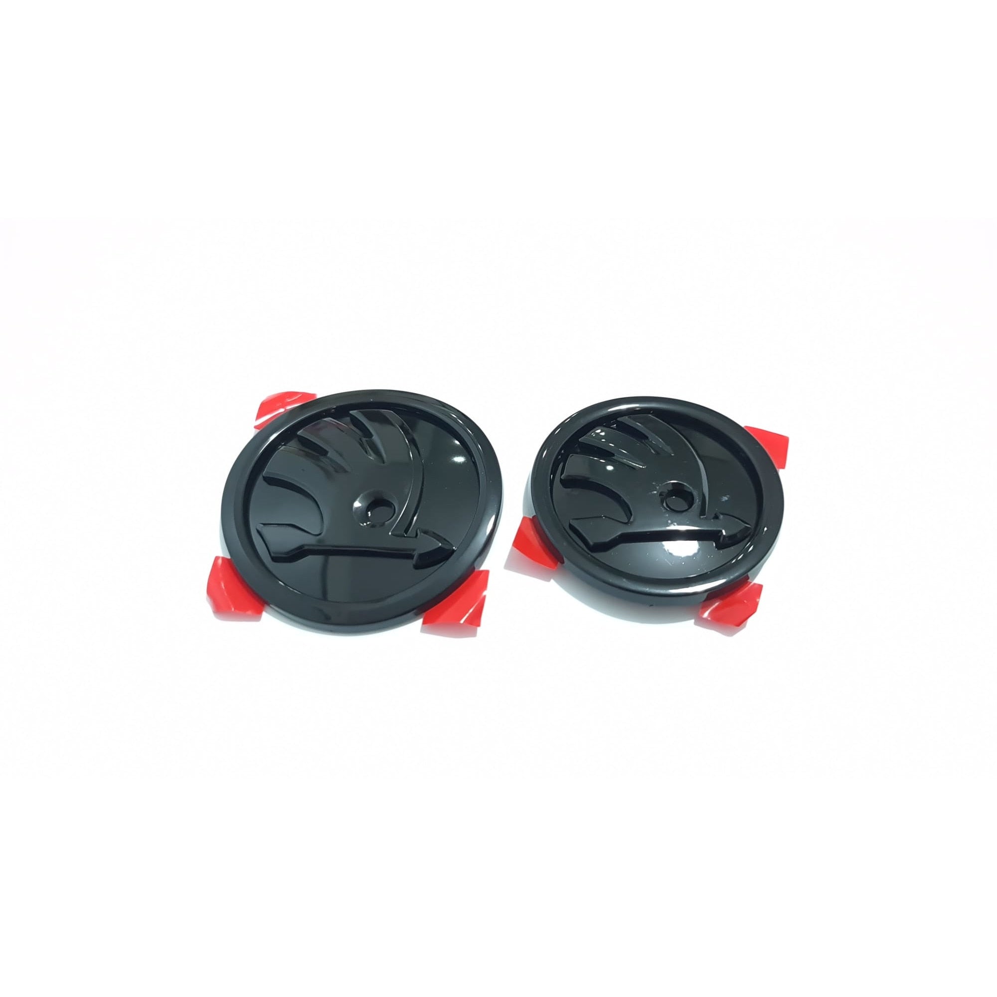 Set doua embleme capota/portbagaj pentru Skoda Octavia Superb Fabia Rapid Kodiaq 80mm 90mm negru lucios