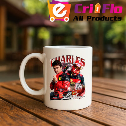 Cană portret Charles Leclerc Formula 1 costum Ferrari, Cri-Flo, Ceramică, 330 ml, Culoare Alb