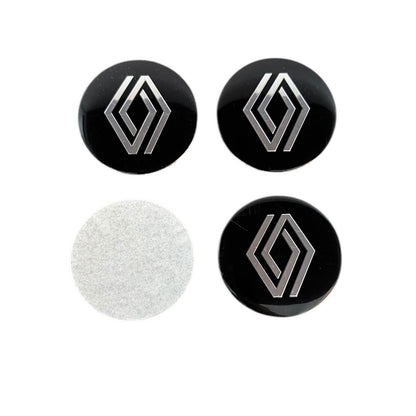 Set 4 embleme stickere Compatibile cu Renault model nou din tabla (aluminiu), Maf, autoadezive, 56mm, pentru capace roti, Negru