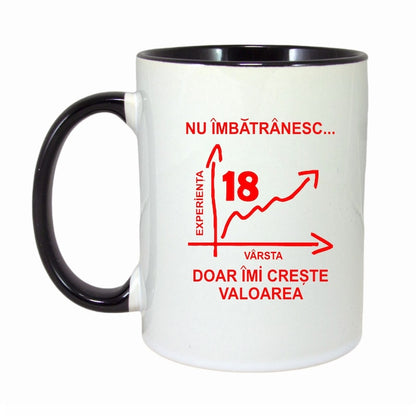 Cana personalizata cu interior negru - Nu imbatranesc doar imi creste valoarea, 18 ani - 330ml