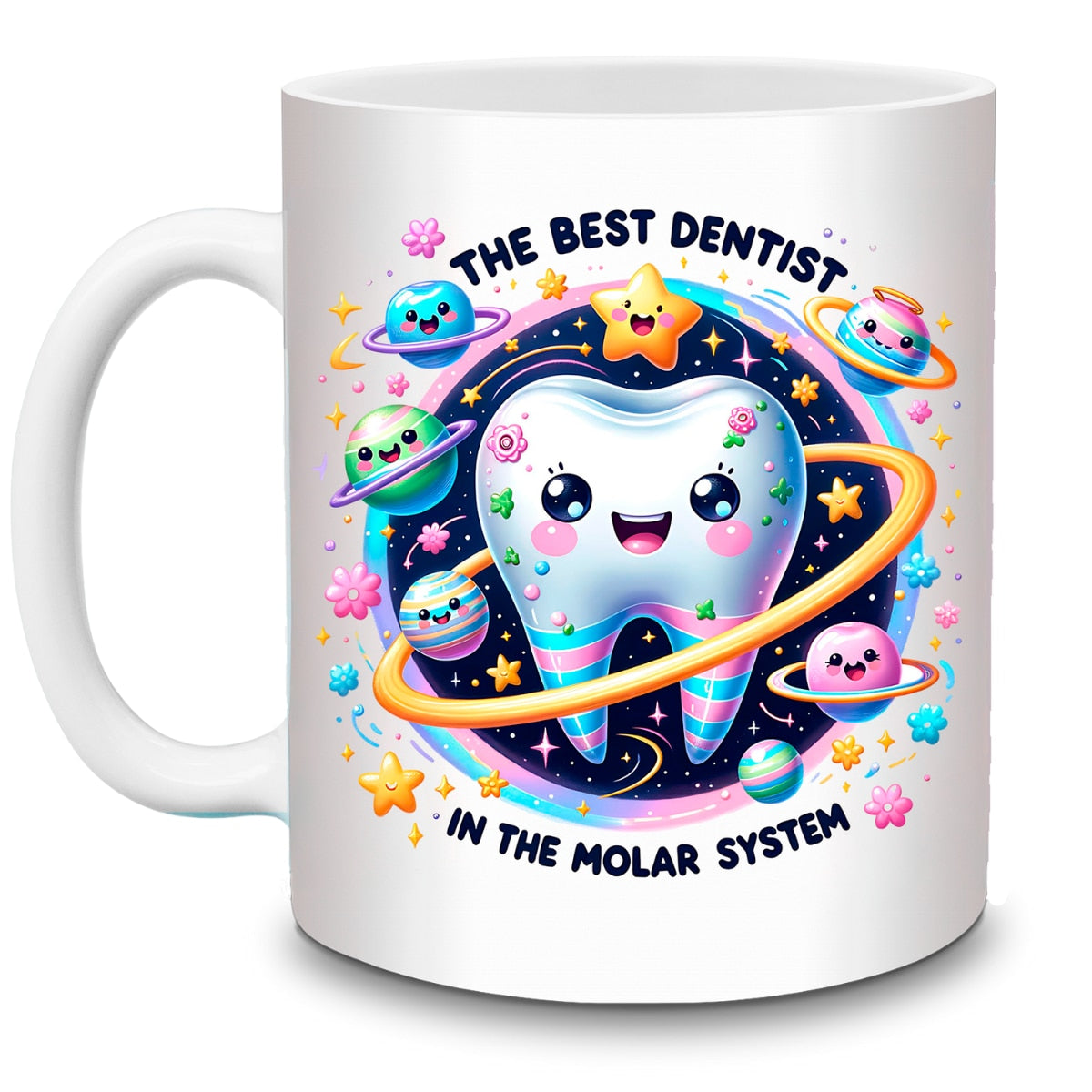 Cană cadou dentist - cel mai bun dentist din sistemul molar, cană ceramică albă 330ml, mesaj amuzant pentru stomatologi, design colorat cu univers și dințișori