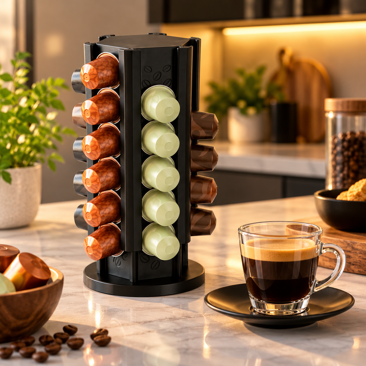 Suport capsule cafea Turn Hexagonal, rotativ, negru