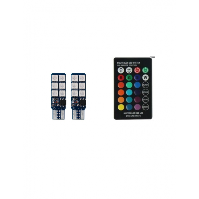 Set 2 becuri auto W5W/T10-12 Smd -RGB cu telecomanda