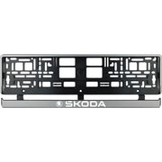 Set 2 bucati, suport numar inmatriculare argintiu Skoda alb