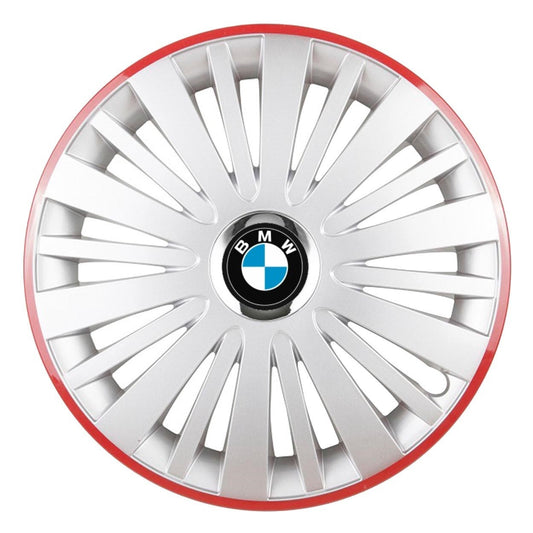 Set 4 Capace Roti, potrivite jantelor de R14, pentru BMW, model falcon argintiu cu rama rosie